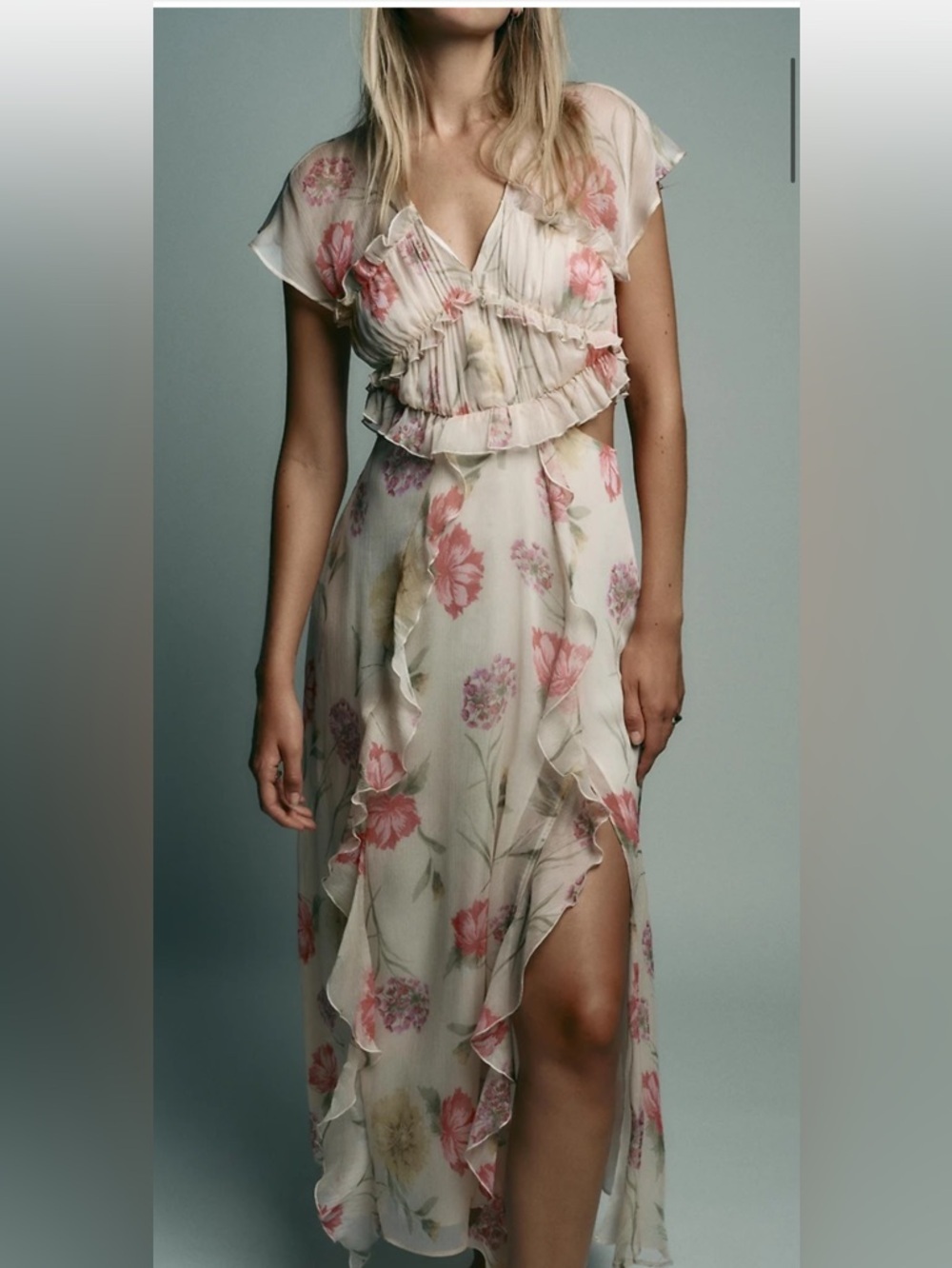 Zara Floral Ruffle Flowy Wedding Guest Fairycore Dress Sheer Chiffon Cream NWT S - Picture 3 of 11